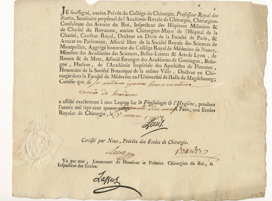 3 certificats signés Antoine Ignace Bonaventure Carrié Carrie chimie chrirurgie