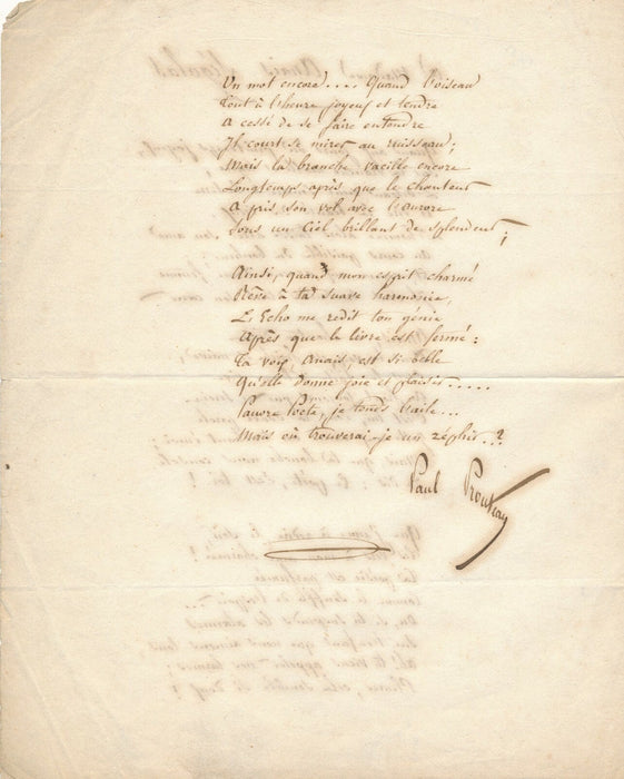 Paul PROUTEAU poème autographe signé à Anaïs SEGALAS