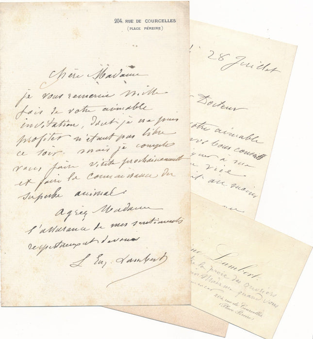 peintre animalier Eugène LAMBERT animal jolie bête 2 lettres autographe 1 carte