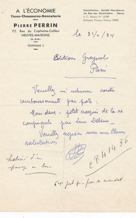 économie tissus Pierre Perrin Neuves-Maisons Meurthe Moselle lettre Greyval