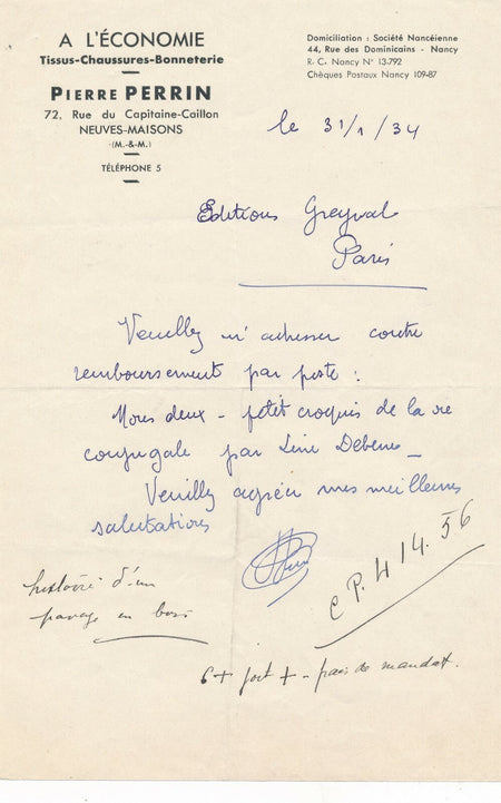 économie tissus Pierre Perrin Neuves-Maisons Meurthe Moselle lettre Greyval