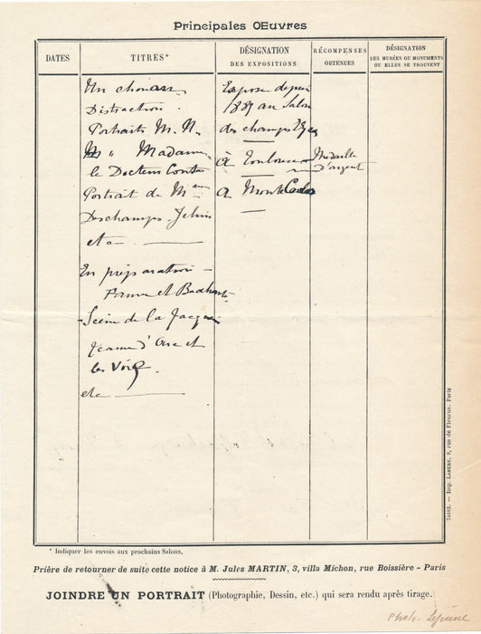 Marie FOURNETS VERNAUD pièce biographique autographe signée oeuvres, etc.