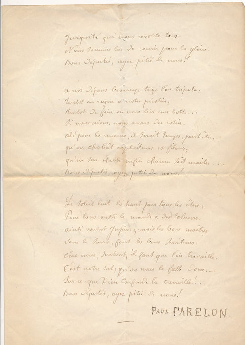 Paul PARELON parolier XIXe manuscrit autographe signé défense chevaux de fiacre