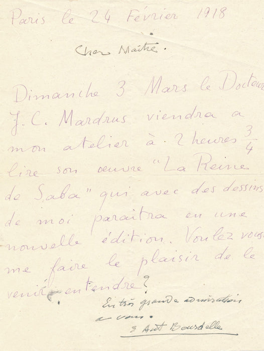 Antoine BOURDELLE lettre signée lecture atelier Mardrus Reine de Saba