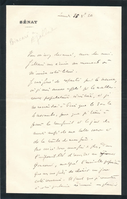 Raymond POINCARÉ Meuse Goncourt lettre autographe signée miracles postaux