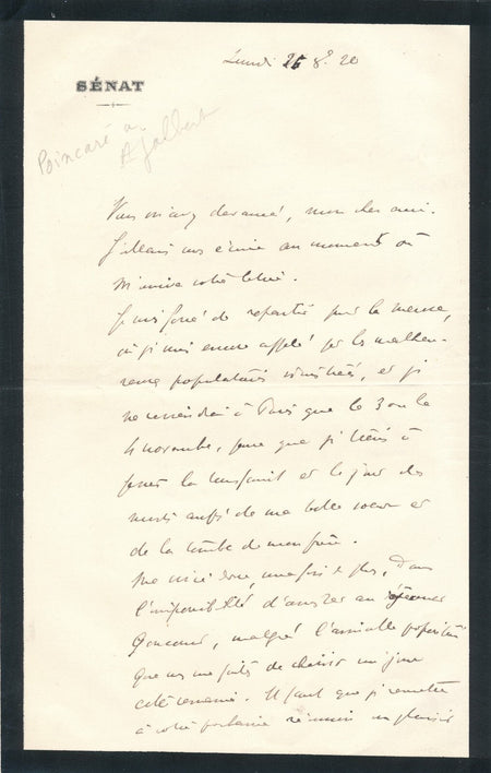 Raymond POINCARÉ Meuse Goncourt lettre autographe signée miracles postaux