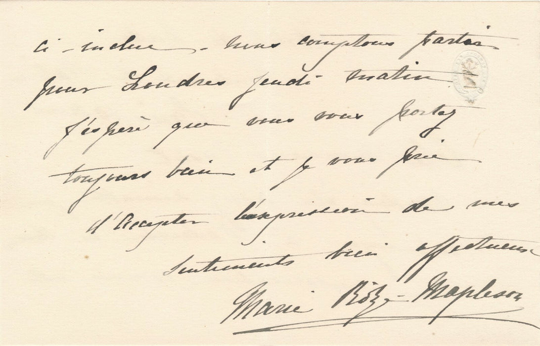 Marie ROZE MAPLESON (1846-1926) cantatrice carte autographe signée