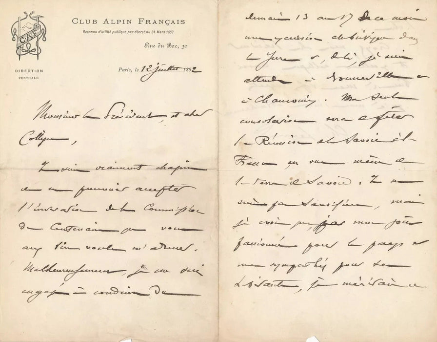 géographie Charles Durier 2 lettres autographes signée Savoie club alpin