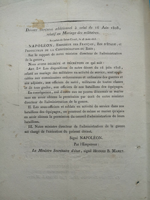 Imprimé, Grenoble, préfet de l’Isère, 1808 mariage des militaires