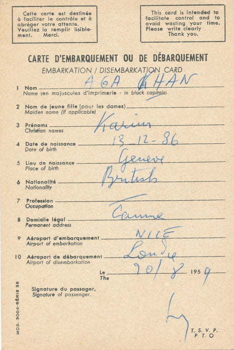(1936) document autographe signé 1936 carte embarquement