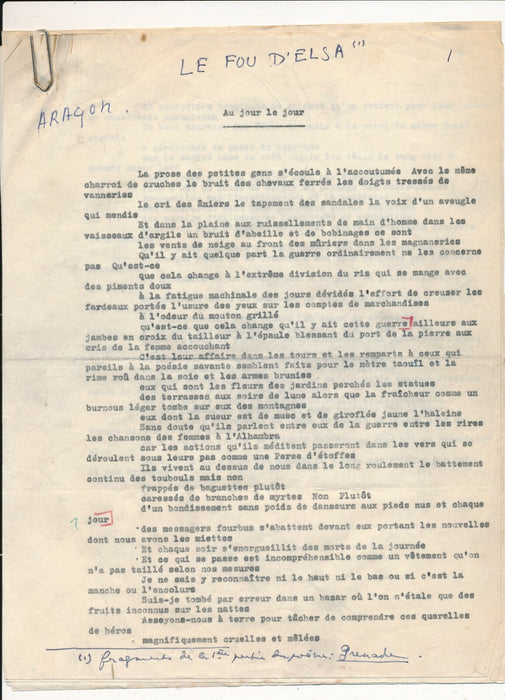 ARAGON 4 poèmes dactylographiés Paroles peintes annotations autographes fou Elsa