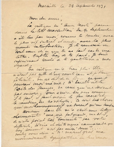 Sur Georges Barrelle à  M. Gras critique Heures mortes autographe signée 1931