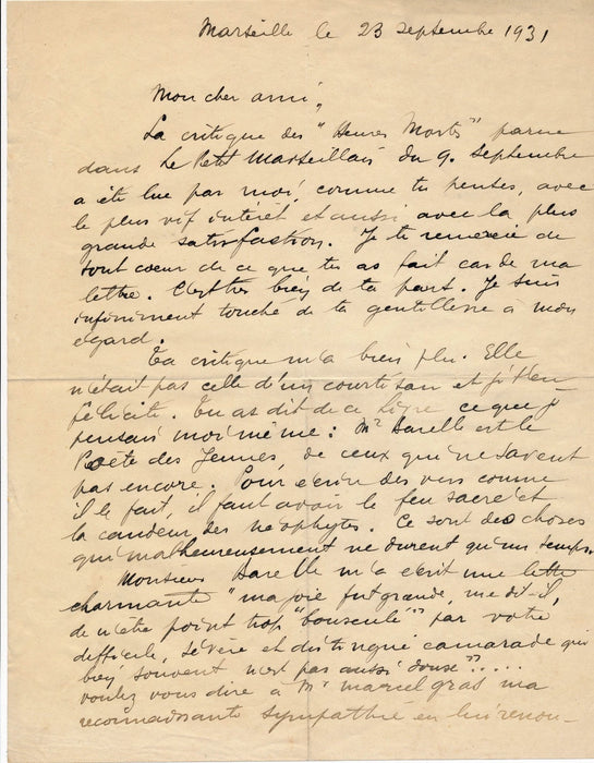 Sur Georges Barrelle à  M. Gras critique Heures mortes autographe signée 1931