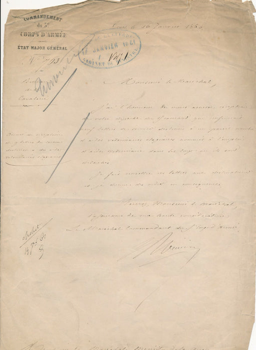 BARAGUEY D'HILLIERS au Ministre de la Guerre affectation aides vétérinaries 1860