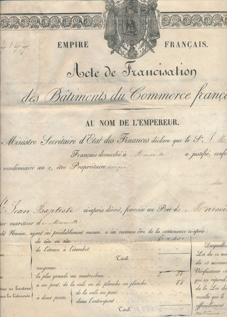 Acte signé Magne francisation navire Saint Jean-Baptiste, Marseille Jourdan 1860