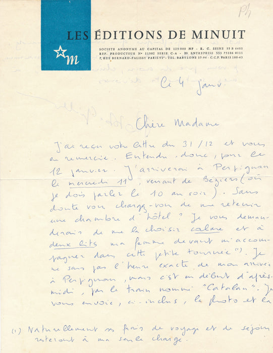 Alain Robbe Grillet lettre autographe signée Perpignan hôtel voyage