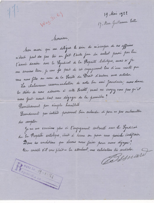 XIX-XXe s. Albert BESNARD peintre lettre signée set ses droits d'auteur société autographe