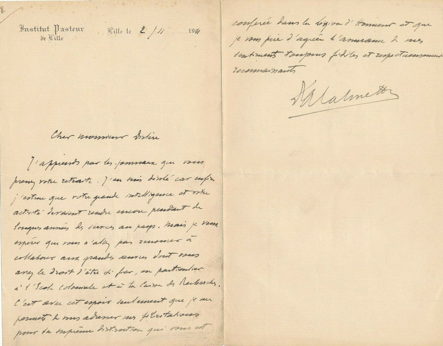 Albert CALMETTE à Paul DISLÈRE Légion d'honneur tuberculose Caisse Recherches