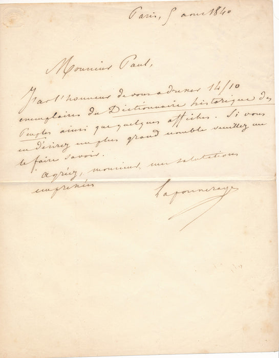 Albert Laponneraye et son Dictionnaire historique des peuples 1840 lettre autographe signée