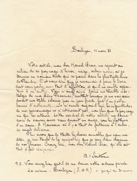 Albert T'SERSTEVENS  son roman triste lettre autographe signée