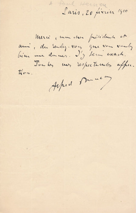 Alfred BRUNEAU Billet autographe signé à Paul Hervieu