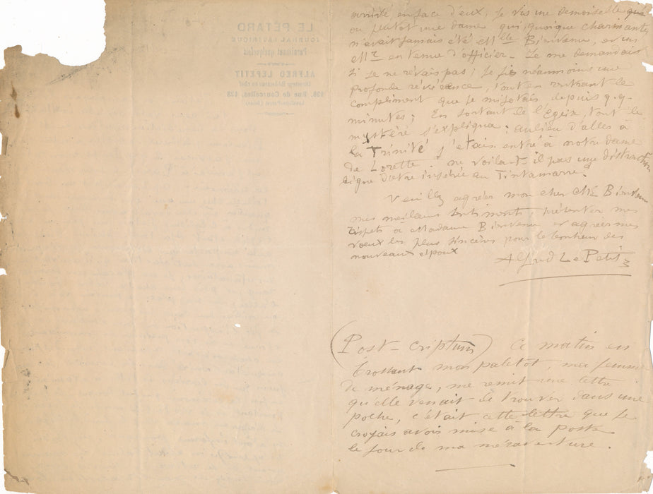 XIXe s. le caricaturiste Alfred LE PETIT se trompe d'église ! amusante lettre autographe