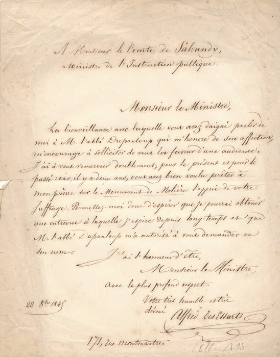 Alfred des Essarts 2 lettres autographes cite Dupanloup Soulisse 1845