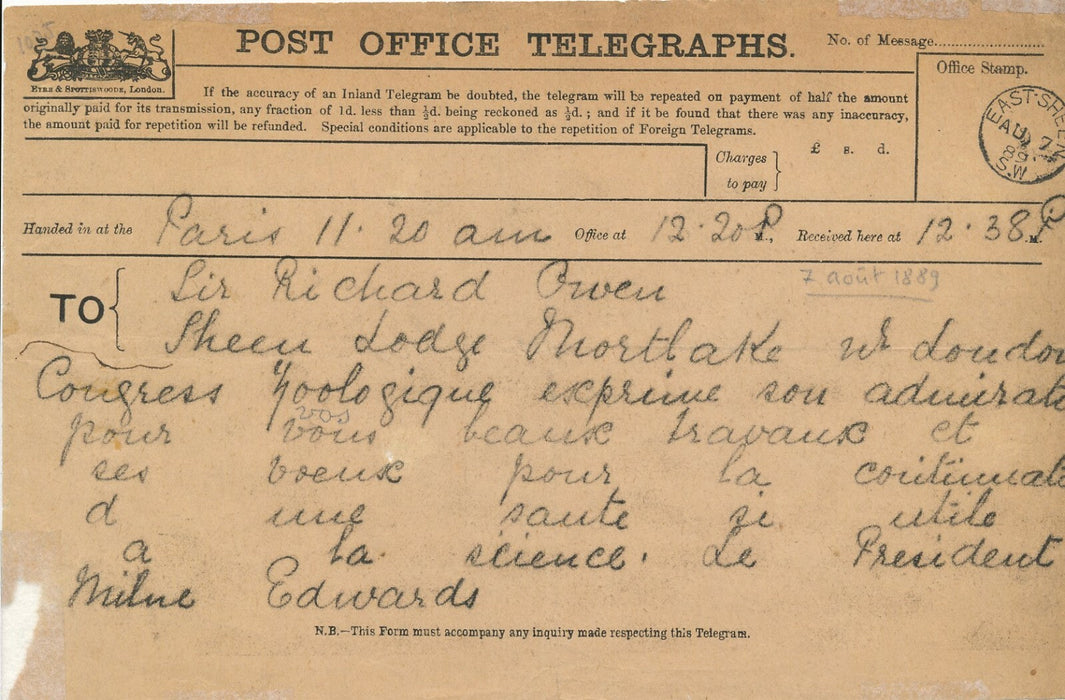 Alphonse MILNE EDWARDS télégramme à Sir Richard OWEN paléontologue