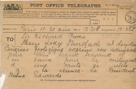 Alphonse MILNE EDWARDS télégramme à Sir Richard OWEN paléontologue