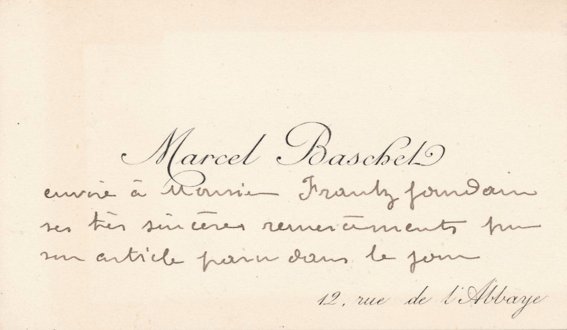 art Marcel Baschet carte autographe à Frantz Jourdain Gagny remerciement