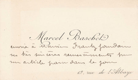 art Marcel Baschet carte autographe à Frantz Jourdain Gagny remerciement