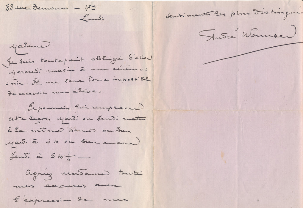 le  compositeur André Wormser lettre autographe signée son élève