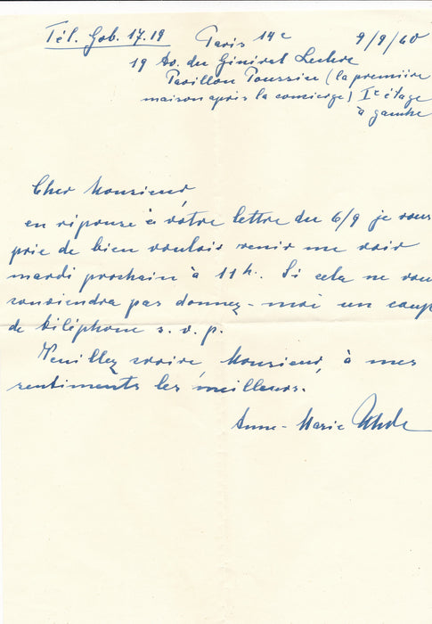 Anne-Marie UHDE peintre allemande lettre autographe signée rendez-vous