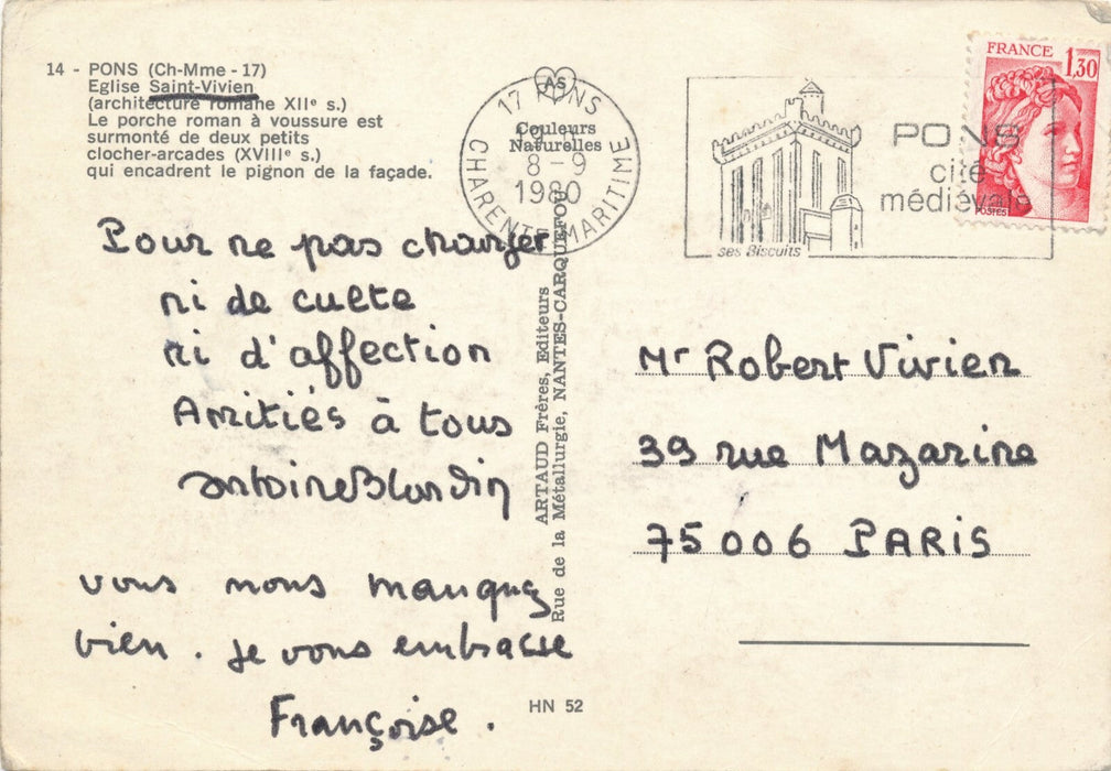 Antoine BLONDIN 2 cartes postales autographes signées au libraire Robert Vivien