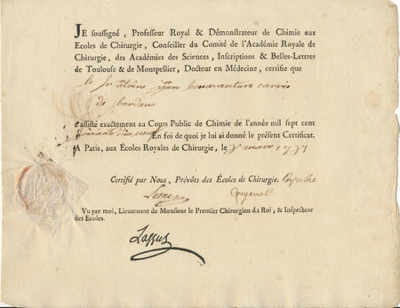 3 certificats signés Antoine Ignace Bonaventure Carrié Carrie chimie chrirurgie