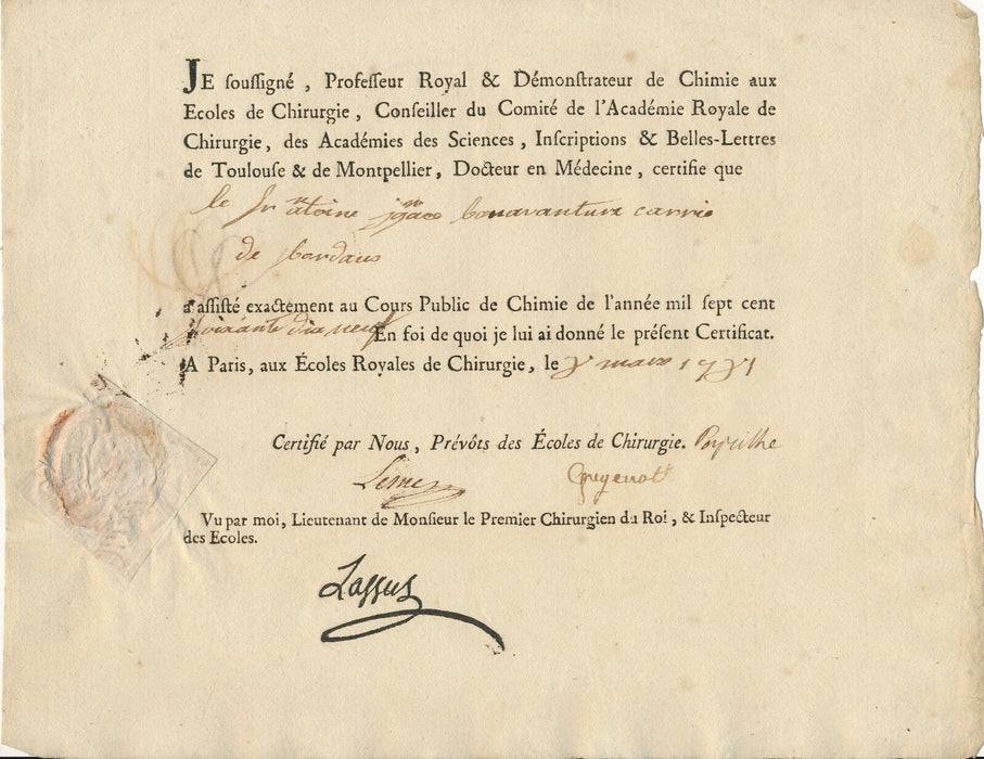 3 certificats signés Antoine Ignace Bonaventure Carrié Carrie chimie chrirurgie