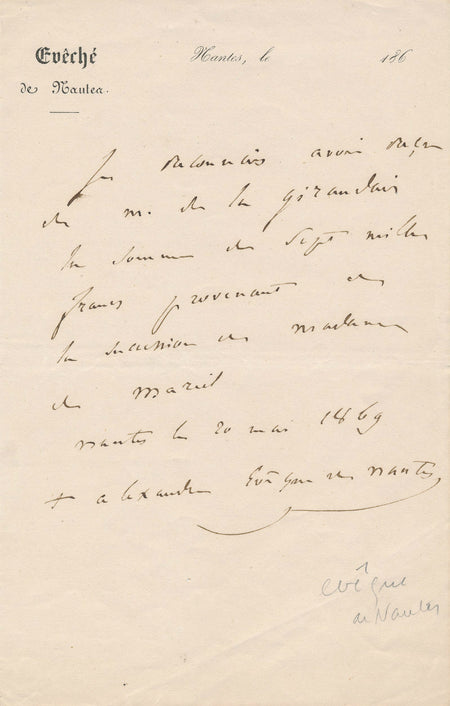 Evêque de Nantes Alexandre reçu autographe signé 1869
