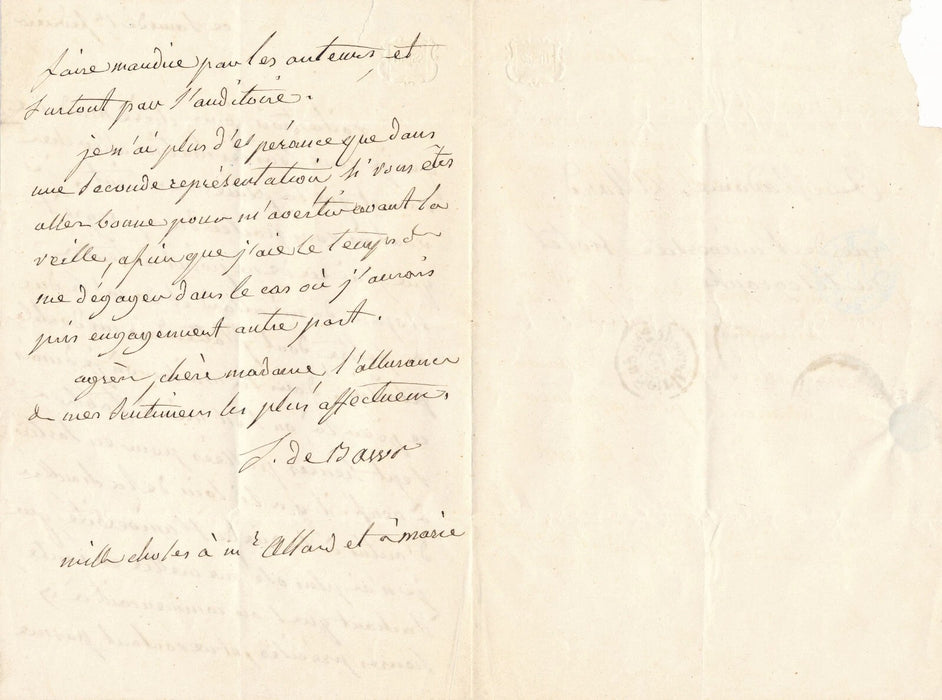 Sophie de BAWR comtesse Saint-Simon lettre autographe Duc de Feltre