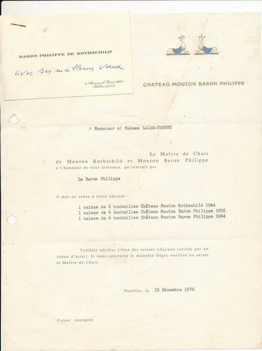 Baron Philippe de ROTHSCHILD carte visite autographe commande vin vigne vigneron
