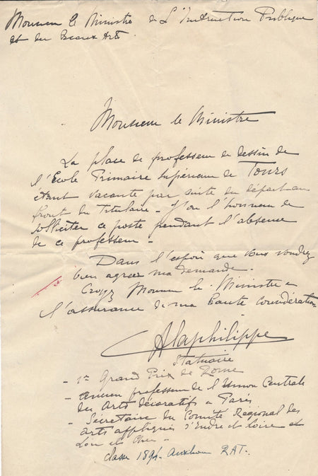 Camille Alaphilippe (1874-1934) sculpteur demande d'emploi Tours école dessin