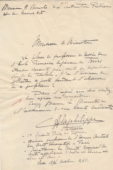 Camille Alaphilippe (1874-1934) sculpteur demande d'emploi Tours école dessin