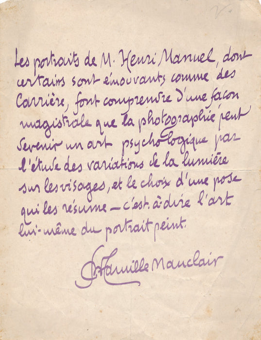 Camille Mauclair bel hommage au photographe Henri Manuel manuscrit autographe