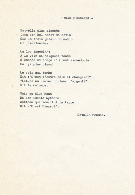 CATULLE-MENDÈS (1841-1909), écrivain poème hommage tapuscrit Sarah BERNHARDT