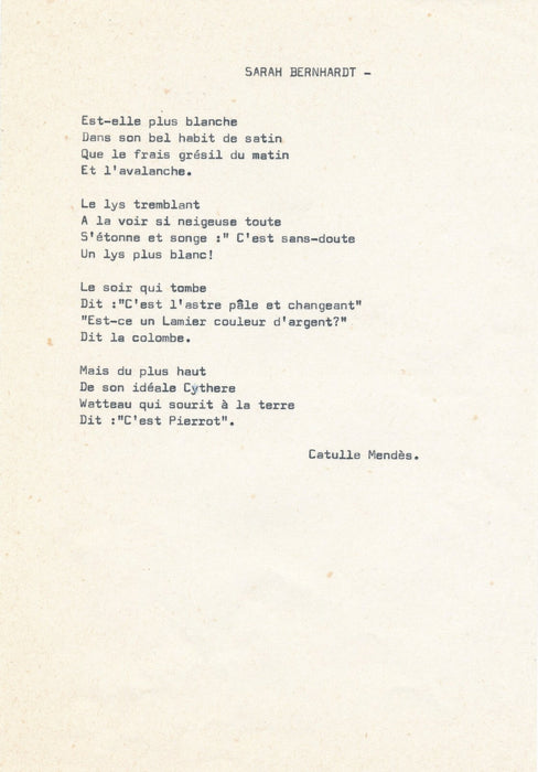 CATULLE-MENDÈS (1841-1909), écrivain poème hommage tapuscrit Sarah BERNHARDT