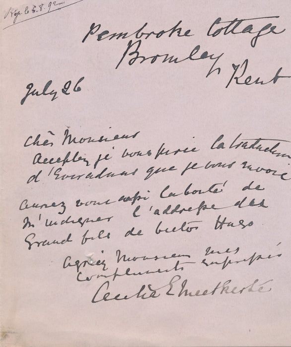 Cecilia Elizabeth MEETKERKE écrivaine demande adresse fils Victor Hugo