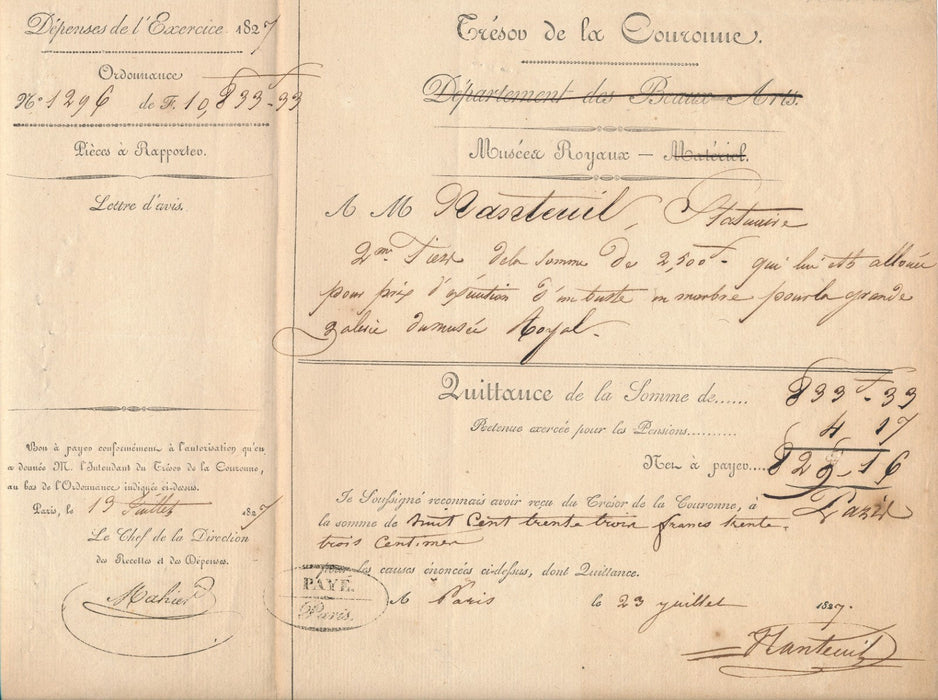 Charles NANTEUIL-LEBOEUF sculpteur document signé 1827 autographe