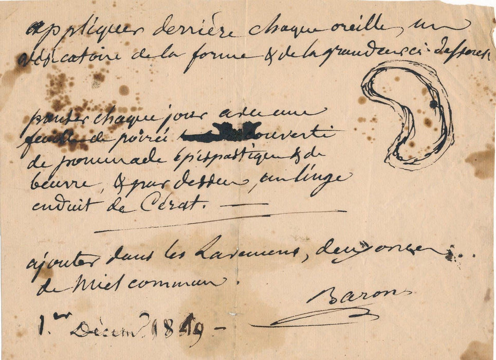 médecine ordonnance signée 1849 avec DESSIN François Baron oreille Cérat 