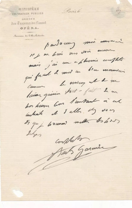 Charles GARNIER aphone ! architecte architecture lettre autographe signée