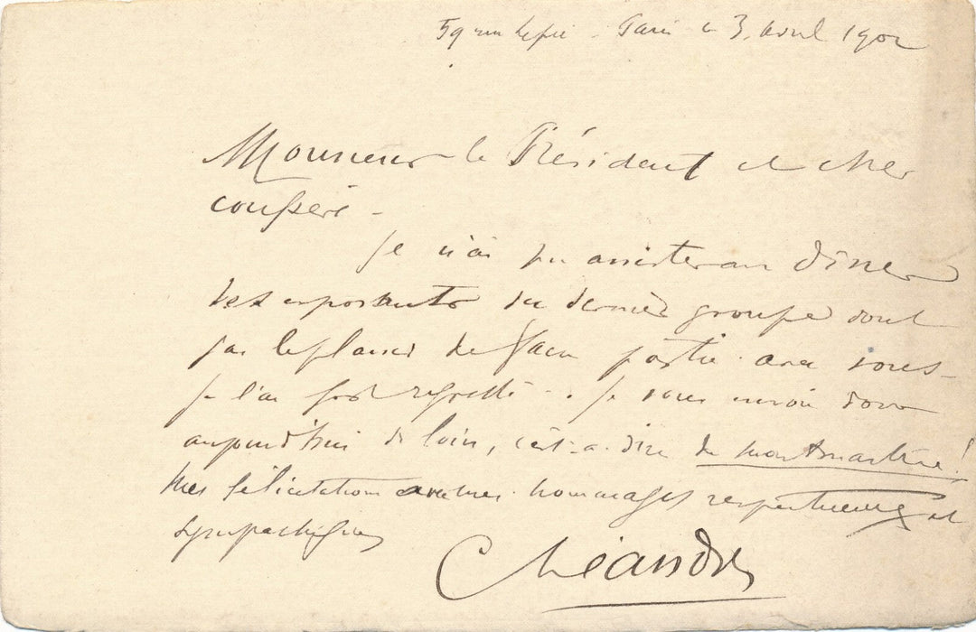 Charles LÉANDRE carte autographe envoie de loin, de Montmartre, ses hommages !