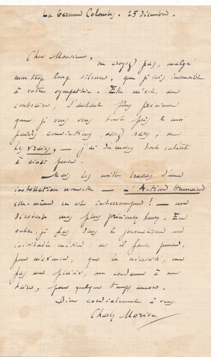 Charles MORICE ses grandes convictions Action humaine lettre autographe signée